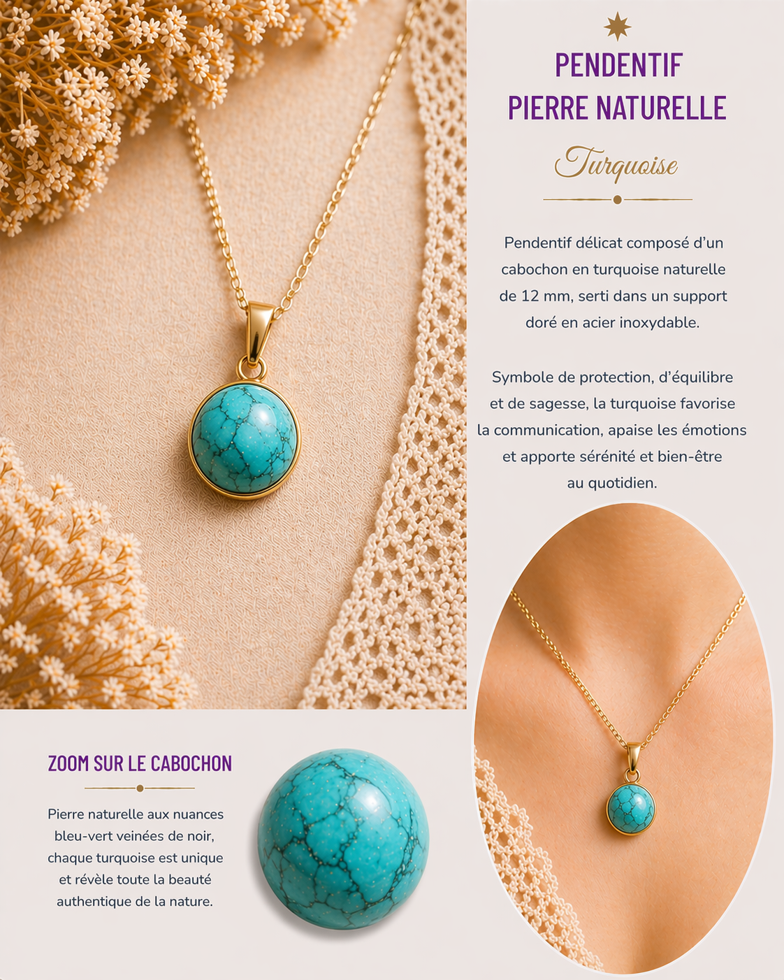 Collier turquoise pierre naturelle